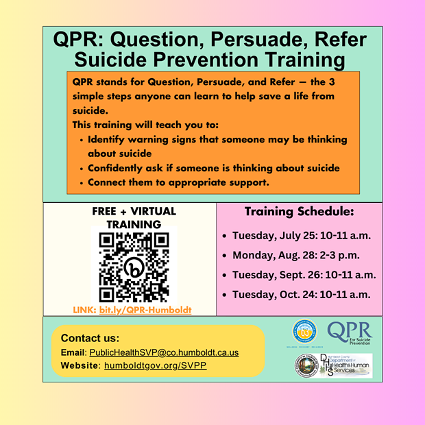Flyer for Public Health's Suicide and Violence Prevention Program 2023 QPR Training Series