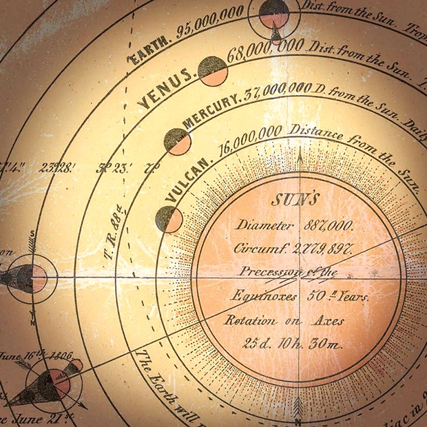 Detail from 1846 lithograph of the solar system showing the hypothetical planet Vulcan.