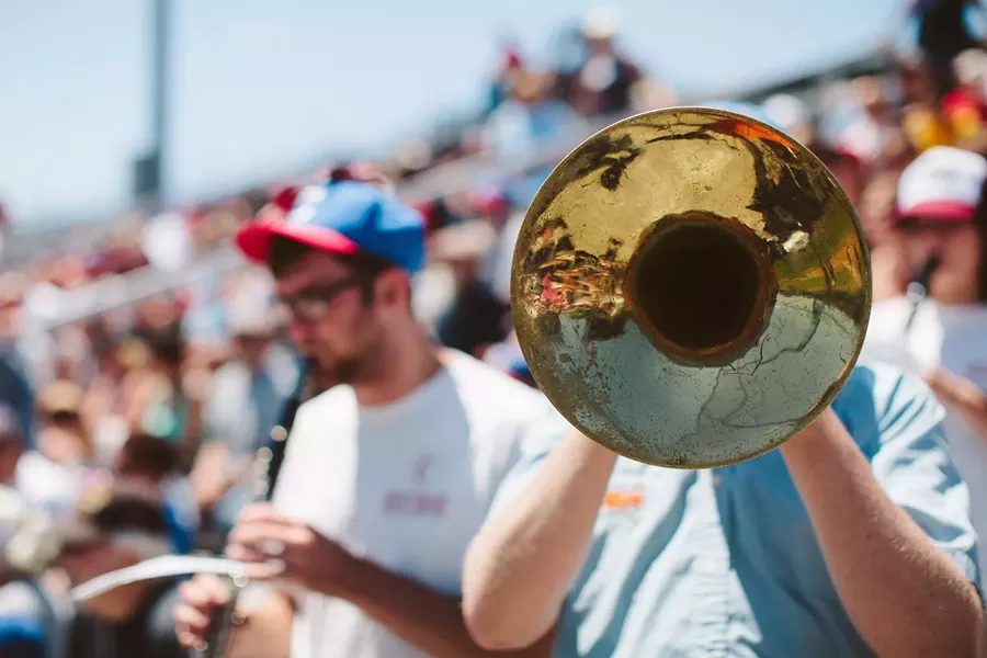The energetic Humboldt Crab Grass Band at a Humboldt Crabs game - LEÓN VILLAGÓMEZ
