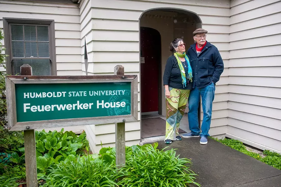 Danielle Orr, a 39-year volunteer at KHSU, spoke with long-time volunteer and former staff member Tom Cairns on April 11 after the announcement that the station was being effectively gutted. - PHOTO BY MARK MCKENNA