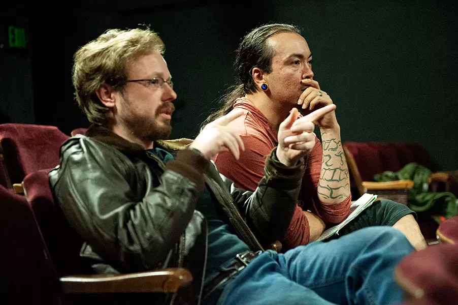 Calder Johnson and Tigger Bouncer Custodio watch rehearsal a week before opening. - PHOTO BY MARK MCKENNA
