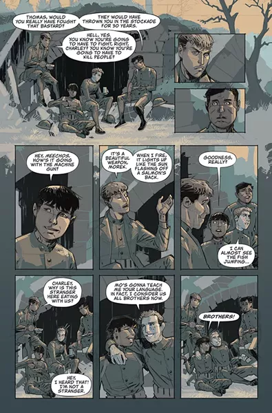 Lowry: "This is the most poignant page in the book to me. The young men are having a last meal before going to war. The lighting Rahsan uses is perfect: The sun's rays are fading, the men's youthfulness is going away forever. The color shading is soft, the last words are "Brothers." The very next page shows the old man Pershing talking and sending the boys to the fight. Because it's always old men who send young men to battle and death... The battle scenes feature the Native men in central casting. We view the emotions and horrors through their facial expressions, which is something I've never seen in any war movies, comics or books." - COMIC WRITTEN BY CHAG LOWRY, ILLUSTRATED BY RAHSAN EKEDAL