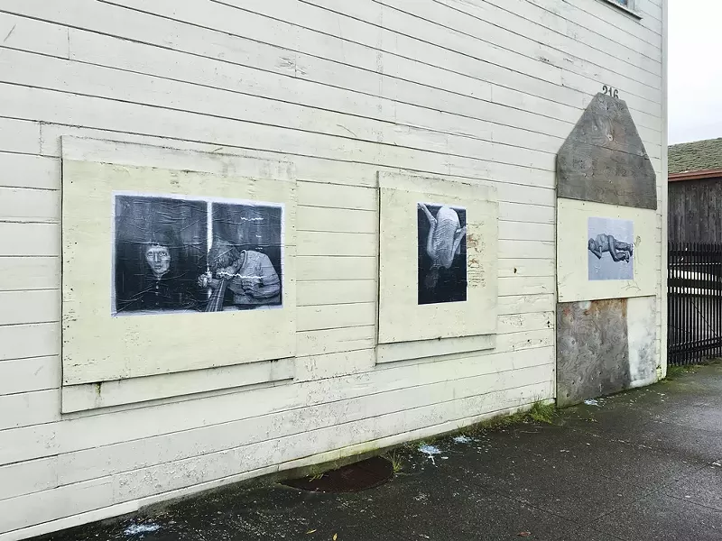 The wheatpasted black and white copies of Weidel's original Heroin Hilton images. - PHOTO BY JESSE WIEDEL