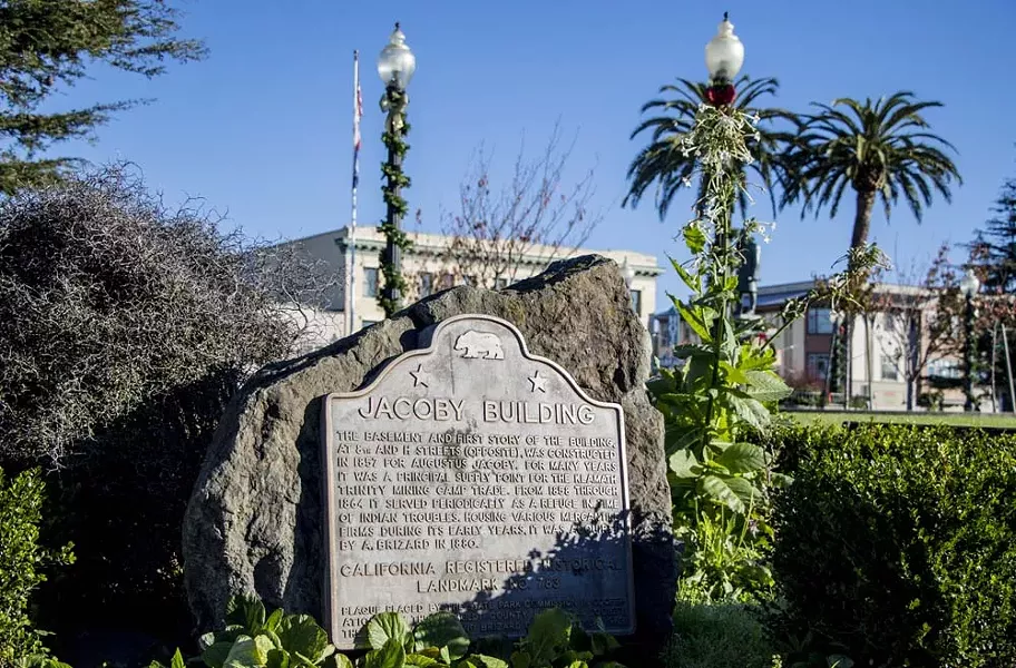 The plaque on the Arcata Plaza referencing "Indian troubles." - FILE