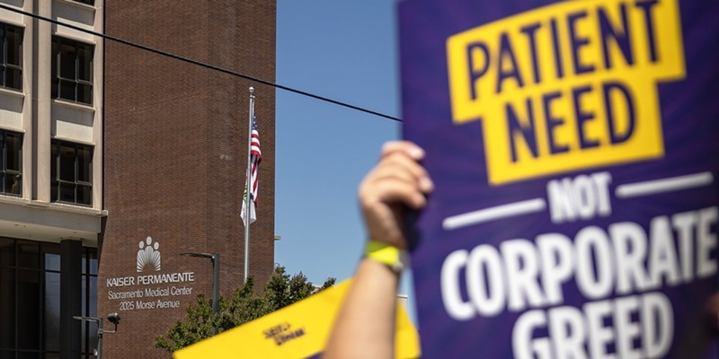 Kaiser Permanente health care workers strike outside a Kaiser facility in Sacramento on July 25, 2023. Workers are on the picket lines to protest patient care crisis and unsafe staffing at Kaiser hospitals.