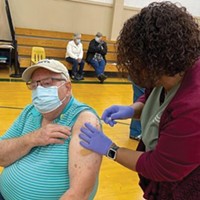 Dale Stocky celebrates his 75th birthday by getting the COVID-19 vaccination he’d newly become eligible for at a Mad River Community Hospital vaccine clinic Jan. 23 at Pacific Union Elementary School.