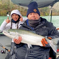 Mark Parrish holds a steelhead he caught and released Dec. 30 while fishing the Chetco River with his daughter, actress Janel Parrish, and guide Andy Martin of Wild Rivers Fishing. They landed five steelhead side-drifting roe and Corkies.