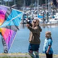 Perfect kite-flying conditions were available in Halvorsen Park along the Humboldt Bay waterfront with Woodley Island Marina as backdrop.