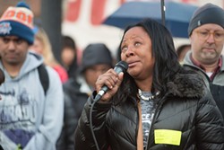 FILE - Charmaine Lawson speaks to the crowd gathered to honor her son and demands justice for him on the second anniversary of his killing.