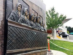 PHOTO BY MICHAEL JOYCE - A statue of nuns overlooks the entry to St. Joseph Hospital in Eureka, which has opted out of the state's new End of Life Option Act.