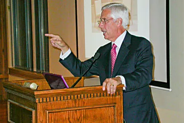 Umpqua Holdings Corporation President and CEO Ray Davis speaks at the Wharfinger building last week. Photo by Ryan Burns