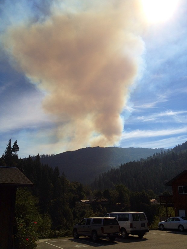 View from the Yurok Tribal office in Weitchpec of smoke from a fire burning on Bald Hill. - PHOTO COURTESY AN NCJ READER