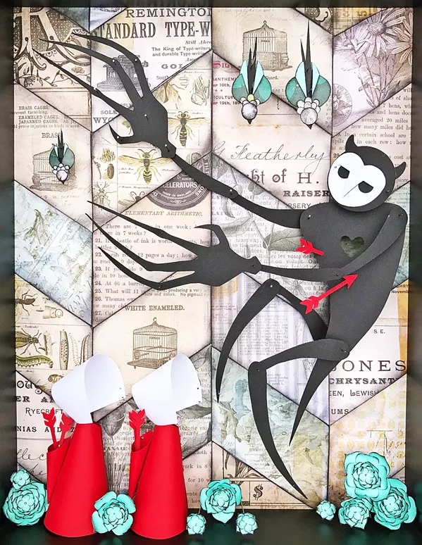 LENA RUSHING Margaret Atwood's invented red cloak and white bonnet from The Handmaid's Tale, about a dystopian theocracy, makes an appearance in Mayday. - COURTESY IMAGE BY LENA RUSHING