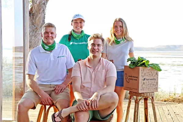 TEAM HARVESTLY (left to right, front to back): Lars Schildernik (vendor relations and logistics), Walter Lafky (founder and CEO), Perrie Lundstrom (operations and marketing), and Madi Peterson (logistics) are the Harvestly team, bringing true local products to your front door. - PHOTO COURTESY OF HARVESTLY