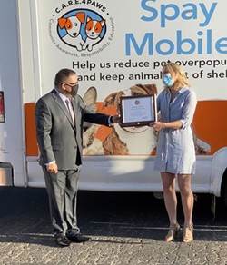 RECEIVING RECOGNITION U.S. Rep. Salud Carbajal (D-Santa Barbara) presented CARE4Paws with a Certificate of Special Congressional Recognition for its work before and during the COVID-19 pandemic. - COURTESY PHOTO BY DAVID DONALDSON