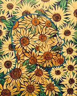 SUNFLOWERS FOR DAYS Larry Kappen's Green Man hangs out upstairs at the Morro Bay Art Center, joining fellow sunflower pieces as part of the Flower Power show. - IMAGES COURTESY OF BARBARA SITAR