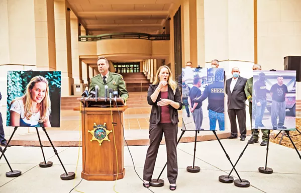 ALMOST A QUARTER CENTURY LATER SLO County Sheriff Ian Parkinson holds a press conference on April 13 to announce the arrests of Paul and Ruben Flores on suspicion of murder and accessory to murder in connection with missing Cal Poly student Kristin Smart. Law enforcement officials haven't located her body. - PHOTO BY JAYSON MELLOM