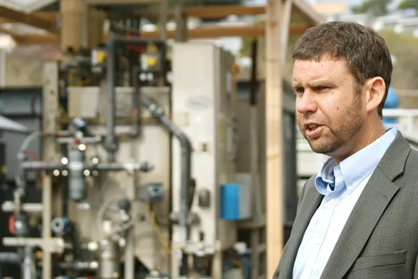 HIGH STAKES Water Systems Consulting Engineer Dan Heimel leads a 2019 tour of a water recycling facility. The Central Coast Blue project would inject treated wastewater into the Santa Maria Valley Groundwater Basin. - FILE PHOTO BY AIDAN MCGLOIN