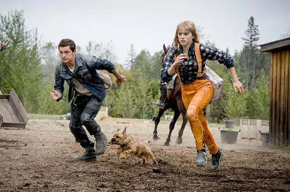RUN FOR IT Todd (Tom Holland), Viola (Daisy Ridley), and an adorable little dog run from a band of misogynists, in Chaos Walking, a sci-fi action film that recently arrived at Redbox. - PHOTO COURTESY OF 3 ARTS ENTERTAINMENT