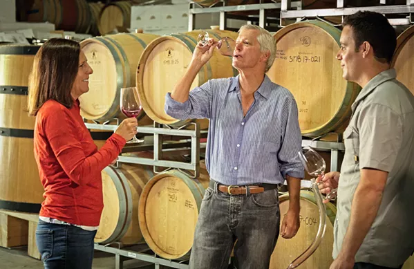 TASTING NOTES Sixmilebridge proprietors (left to right) Barbara and Jim Moroney and winemaker Anthony Yount sample their varietals at Denner, where they currently produce their wines. - PHOTO COURTESY OF SIXMILEBRIDGE