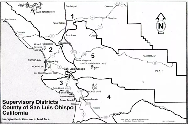 DISTRICT DEBATE SLO County’s five supervisorial districts (pictured) are up for debate, as the Board of Supervisors held its first redistricting hearing on July 20. - FILE PHOTO COURTESY OF THE SLO COUNTY LEAGUE OF WOMEN VOTERS