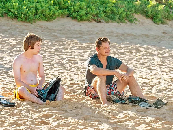 TROUBLE IN PARADISE Son Quinn Mossbacher (Fred Hechinger, left) tries to connect to his dad, Mark (Steve Zahn), during an otherwise dysfunctional family vacation at an expensive Hawaiian resort, in HBO's miniseries The White Lotus. - PHOTO COURTESY OF RIP CORD PRODUCTIONS AND HBO