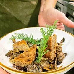 FROM THE FOREST Fresh yarrow and pine bark bread enhance chef Rachel Ponce's seasonal Forage entrée, featuring basil- and tarragon-fed escargot poached in Dead Oak English brown ale. - PHOTO COURTESY OF PAIR WITH DEAD OAK