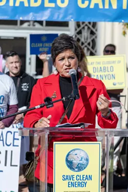 TOO LATE? 3rd District SLO County Supervisor Dawn Ortiz-Legg speaks at a Save Clean Energy rally to keep Diablo Canyon Power Plant open past 2025. - PHOTO COURTESY OF SAVE CLEAN ENERGY