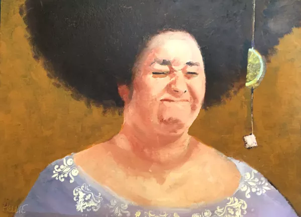 ONE LUMP, OR TWO? Hellie Blythe's whimsical oil painting features a "sourpuss contemplating her choice of sweet sugar lump or sour lemon slice." - IMAGE COURTESY OF STUDIOS ON THE PARK
