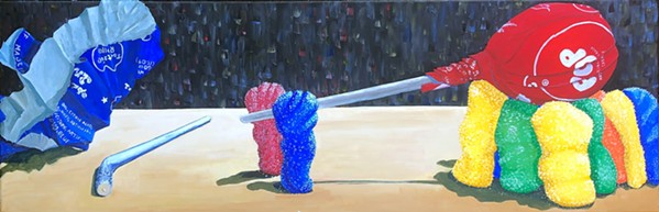HOW MANY? "I was just playing with the contrast of the sweetness of a Tootsie Pop with the sourness of the candy [Sour Patch] Kids," John Martin said of his bold acrylic painting. - IMAGE COURTESY OF STUDIOS ON THE PARK