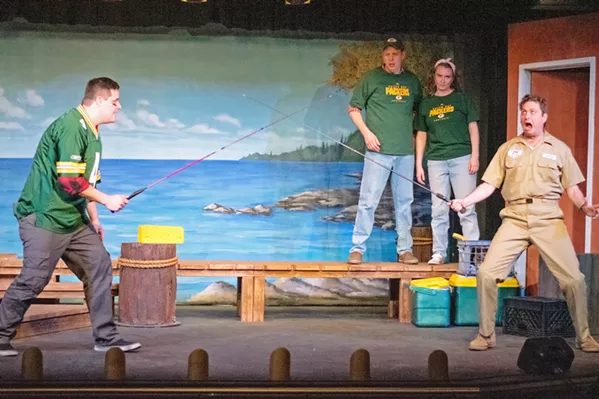 DUEL OF THE BAITS Claude (Henry Fisher, left) engages in a fishing rod duel with DNR Doug (Toby Tropper, right), a park ranger whose title, abbreviated from the Department of Natural Resources, often becomes the punchline of do-not-resuscitate jokes. - PHOTO COURTESY OF THE GREAT AMERICAN MELODRAMA