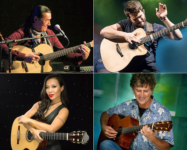 AROUND THE WORLD International Guitar Night&mdash;featuring (clockwise from top left) Lulo Reinhardt, Luca Stricagnoli, Jim "Kimo" West, and Thu Le&mdash;comes to the Harold Miossi Hall of the Performing Arts Center on March 1. - PHOTO COURTESY OF INTERNATIONAL GUITAR NIGHT