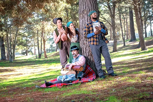 EXCELLENT ENSEMBLE The cast of PCPA's production of William Shakespeare's As You Like It includes Jennie Greenberry, Christen Celaya, George Walker, and Yusef Seevers (pictured from left to right). - COURTESY PHOTO BY LUIS ESCOBAR, REFLECTIONS PHOTOGRAPHY STUDIO