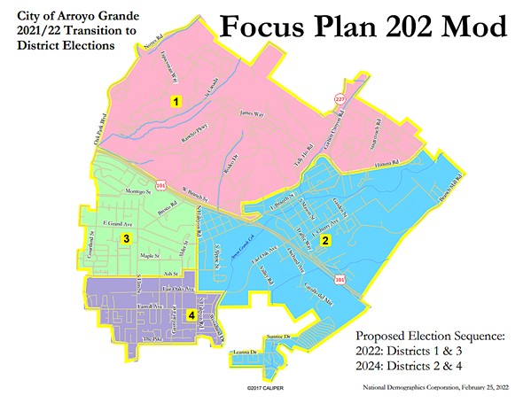 SEQUENCE FLIP The Arroyo Grande City Council further modified Plan 202 and decided to let Districts 1 and 4 run for election in 2022, with Districts 2 and 3 going up in 2024. - MAP COURTESY OF ARROYO GRANDE