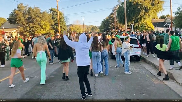 BLOCK PARTY Cal Poly students celebrated the St. Patrick's Day holiday early on March 12, starting around 4 a.m., spilling into off-campus residential blocks. Three were arrested, according to police. - SCREENSHOT COURTESY OF KATHIE WALKER