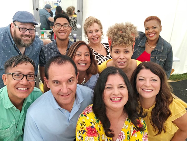 FOODIE FAMILY While filming PBS's The Great American Recipe, Silvia Martinez took a selfie with her fellow contestants (back row from left: Brian Leigh, Tony Scherber, Robin Daumit, and Bambi Daniels; middle row from left: Christina McAlvey and Irma C&aacute;diz; and front row from left: Foo Nguyen, Dan Rinaldi, Silvia Martinez, and Nikki Tomiano-Allemand). - PHOTO COURTESY OF MAM&Aacute; LATINA TIPS