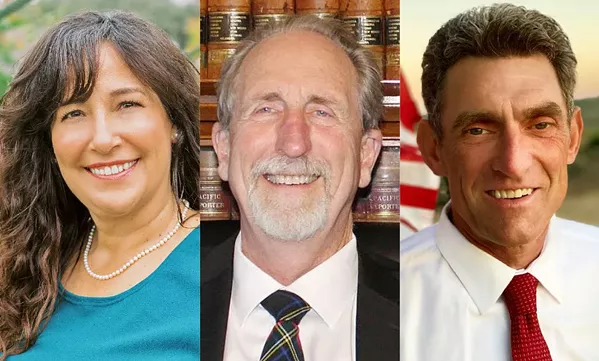NOT SO CLOSE Elaina Cano (left) is out to a commanding lead in the SLO County clerk-recorder race, taking more than two-thirds of the preliminary vote over challengers Stew Jenkins (center) and James Baugh (right). - PHOTOS COURTESY OF ELAINA CANO, JAMES BAUGH, AND STEW JENKINS