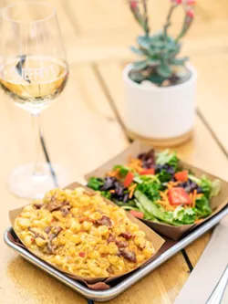 PASO MAC & CHEESESTEAK Jeffry Wiesinger's original award-winning recipe from the Macaroni and Cheese Festival features small shell pasta, smoked tri-tip, sautéed peppers, and onions tossed with a roasted garlic-five cheese sauce. - PHOTO COURTESY OF JEFFRY'S WINE COUNTRY BBQ