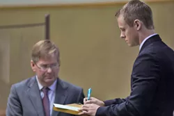 SHIFTING GEARS: Cal Poly student and former Delta Sigma Phi president Gear McMillan—seen here during his arraignment on Oct. 21, 2014—signed a plea agreement on Feb. 6 of this year. His sentencing for felony drug possession—stipulated to include no more than one year in - county jail—is set for April 17. - FILE PHOTO BY KAORI FUNAHASHI