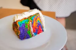 TRIPPY TREAT: This delicious vanilla marble cake crafted by Honeybee Cakery Owner/Baker Lizabeth Nagel is made with unbleached flour, organic butter, fresh eggs, and bourbon vanilla sourced from Madagascar. Oh, and it’s pretty, too. - PHOTO BY KAORI FUNAHASHI