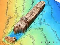BOW OUT : Sonar images from the Monterey Bay Aquarium Research Institute show the Montebello resting upright on the seafloor, its bow completely blown off. - PHOTO COURTESY OF MBARI