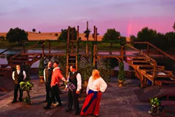 SHAKESPEARE AT TWILIGHT: Charles Hayek, Corey Schonauer, Sean Peters, Matthew Hanson, and Krystal Kirk (left to right) rehearse Love’s Labour’s Lost as the sun sets on the River Oaks Amphitheatre, the outdoor stage at Paso’s River Oaks Hot Springs. - PHOTO BY STEVE E. MILLER