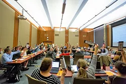 RESOLUTION PASSED: Members of the Cal Poly Academic Senate overwhelmingly passed a resolution calling on the university to rein in spending on administrative hiring and salaries. - PHOTO BY KAORI FUNAHASHI