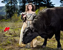 COCK AND BULL STORY : Models: Tanya Gallardo, Elvis (the rooster), and bull with no name. Art director: Ashley Schwellenbach. Hair and makeup by Shelby Hood. - PHOTO BY STEVE E. MILLER