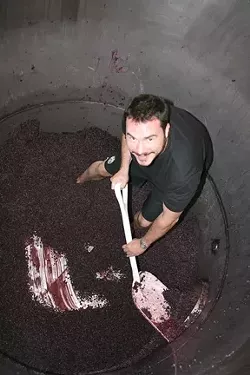 WINO’S PARADISE : The author climbed into a barrel of Cabernet Sauvignon grapes at Silver Horse Winery in Paso Robles, where he helped out—purely for research. - PHOTO BY STEVE KROENER