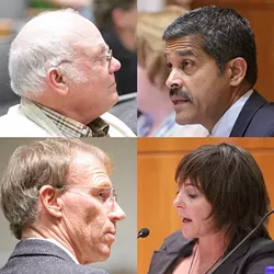 THIS IS THE STORY : Faces at the supervisors recent meeting include, clockwise from top left, ranch owner Dan DeVaul, Chief County Code Inspector Art Trinidade, Code Inspector Marie Cowan, and John Belsher, DeVaul’s attorney. - PHOTOS COLLAGE BY STEVE E. MILLER
