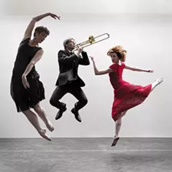JUMP FOR JOY : Dancer/choreographer Lisa Deyo (left) is pictured with trombone player Steve Carlson (center) and the Civic Ballet’s Harmony True (right). - PHOTO BY BARRY GOYETTE