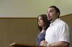 DRUG DEALERS? : Christopher Costley and Amber Carter stand before Superior Court Judge Barry LaBarbera moments before Costley’s misdemeanor marijuana possession charge was dismissed. Carter faces a misdemeanor charge of marijuana possession and a felony charge of possessing four Vicodin pills for sale. - PHOTO BY STEVE E. MILLER