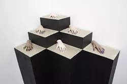 WINDOW SHOPPING : This humorous yet unsettling sculpture from Ana Serrano’s exhibit “Pretty Monumental” recalls the endearing kitsch of mom-and-pop window displays. - PHOTOS BY STEVE E. MILLER