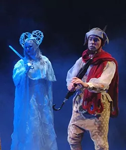 A TALE OF GOOD AND EVIL : The white witch, played by Karin Hendricks, and Tumnus, Michael Jenkinson, don’t see eye to eye in PCPA’s production of The Lion, the Witch, and the Wardrobe. - PHOTO BY LUIS ESCOBAR/ REFLECTIONS PHOTOGRAPHY STUDIO